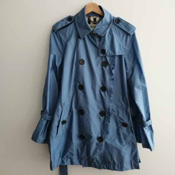 Burberry Double Breasted Blue Nylon Trench Coat Ruffle Trim Waist Belt US 12 - Picture 6 of 17